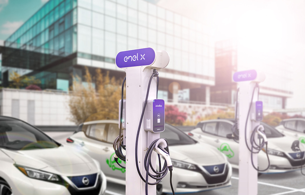 Image of commercial Enel X Way JuicePedestals for charging a fleet of EVs