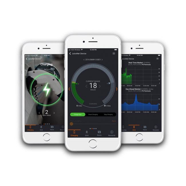 Main app pages of the JuiceNet App for commercial EV charging.