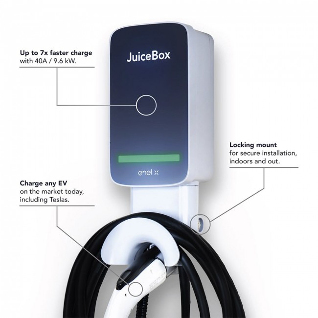 Angled close up of the JuiceBox 40 (14-50) Plug In EV Charger with notes.