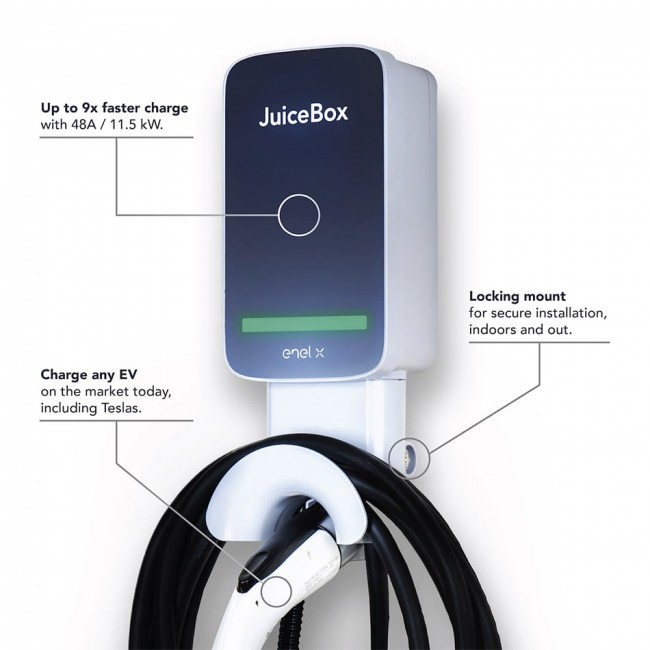Angled close up of the JuiceBox 40 (14-50) Plug In EV Charger with notes