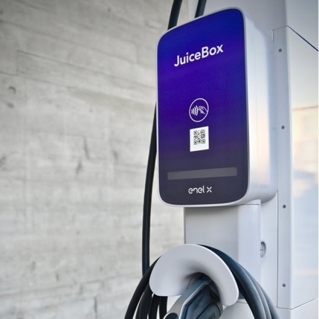 Close up image of the JuicePedestal 80-amp EV charger.