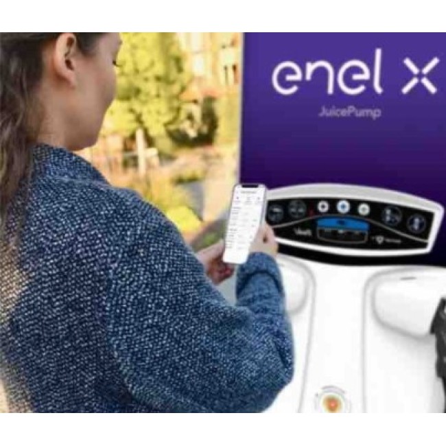 Close up image of customer using Enel X app to charge vehicle using the JuicePump 50kW.