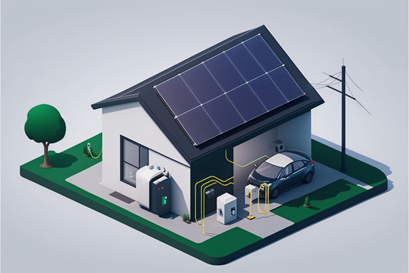 Animated image of a house with solar panels, an EV charger, storage batteries, and a backup generator connected to the electrical grid.